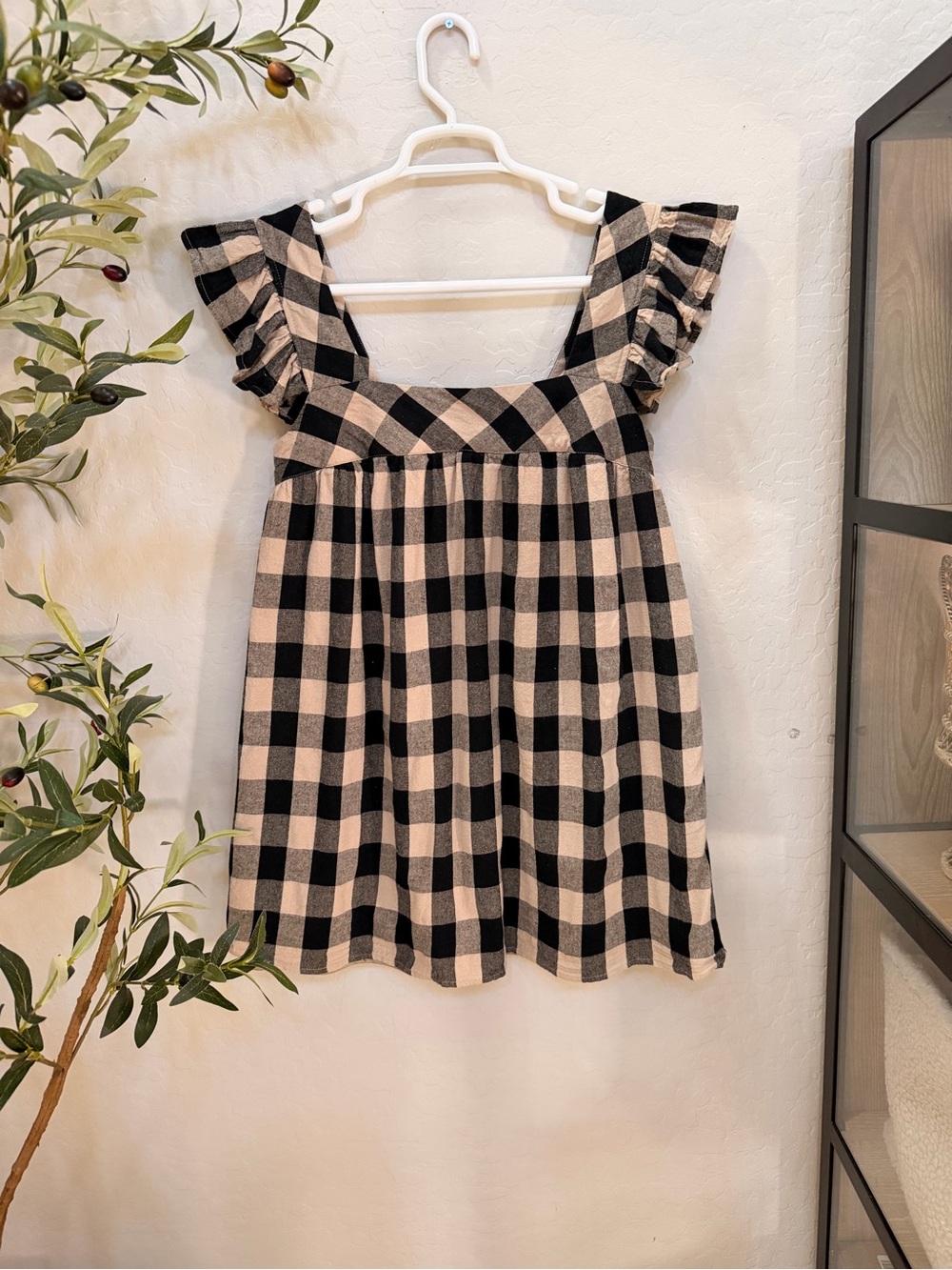 entro Black and Cream Gingham Ruffle Strap Mini Dress